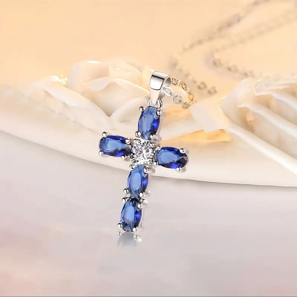 Elegant Blue Oval Cubic Zirconia Dainty Cross Pendant Spiritual Necklace - Picture 3 of 5